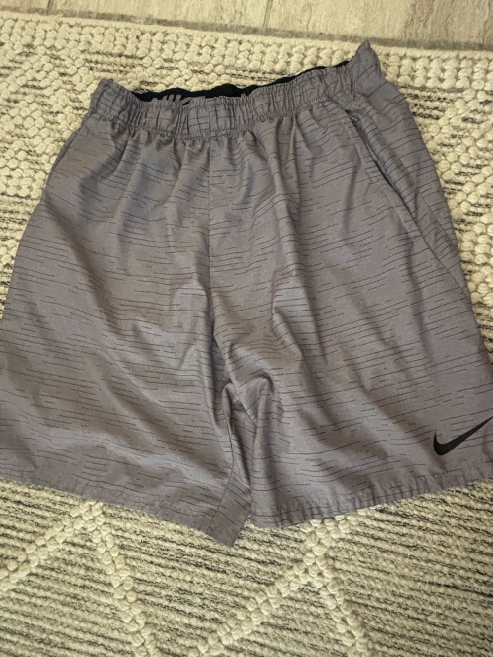 Nike Men's Gray Athletic Shorts with Black Swoosh
